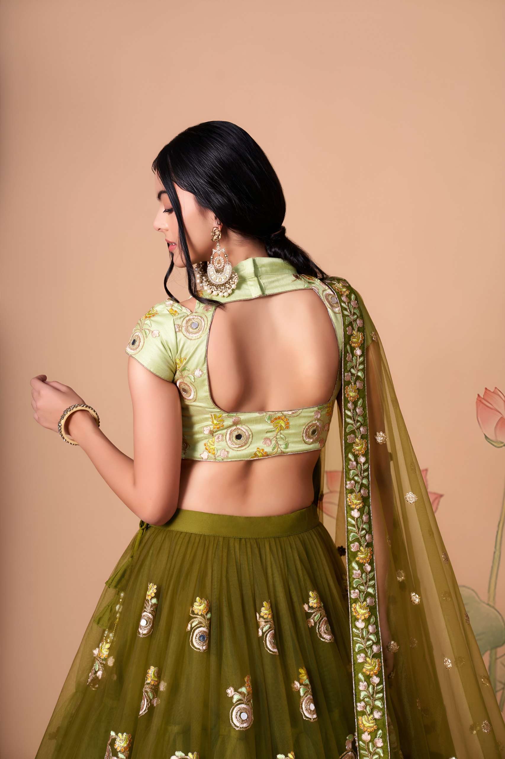 Olive Green & Pista colour Mirror and Embroidered work om net Lehenga Choli supplier in surat 7325 Mehndi